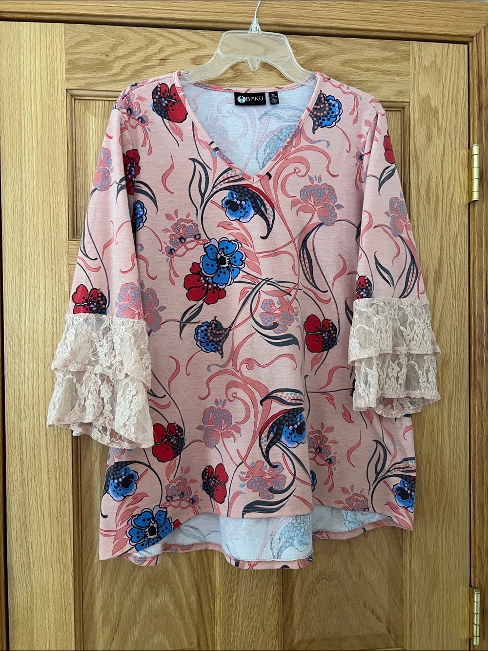 Baku Floral Lace-Tiered Peach V-Neck Tunic